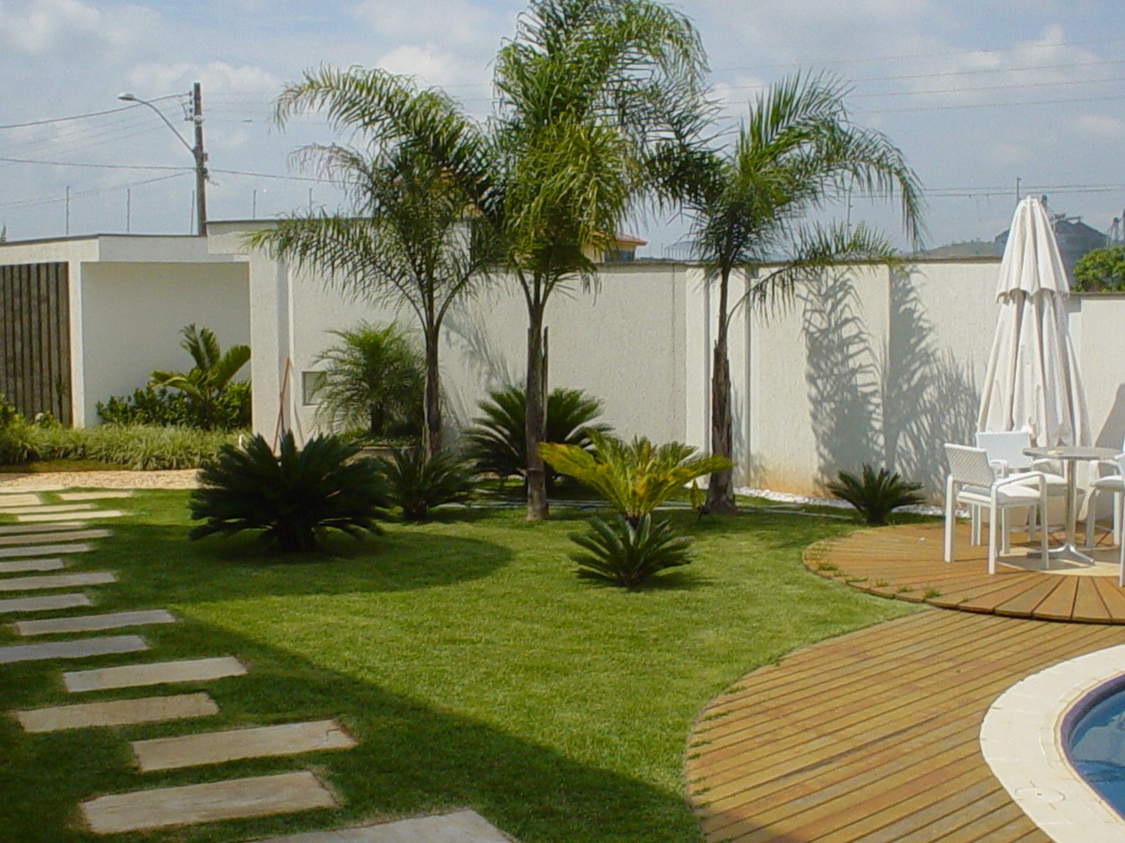 Jardim residencial com palmeiras, deck de madeira e piscina