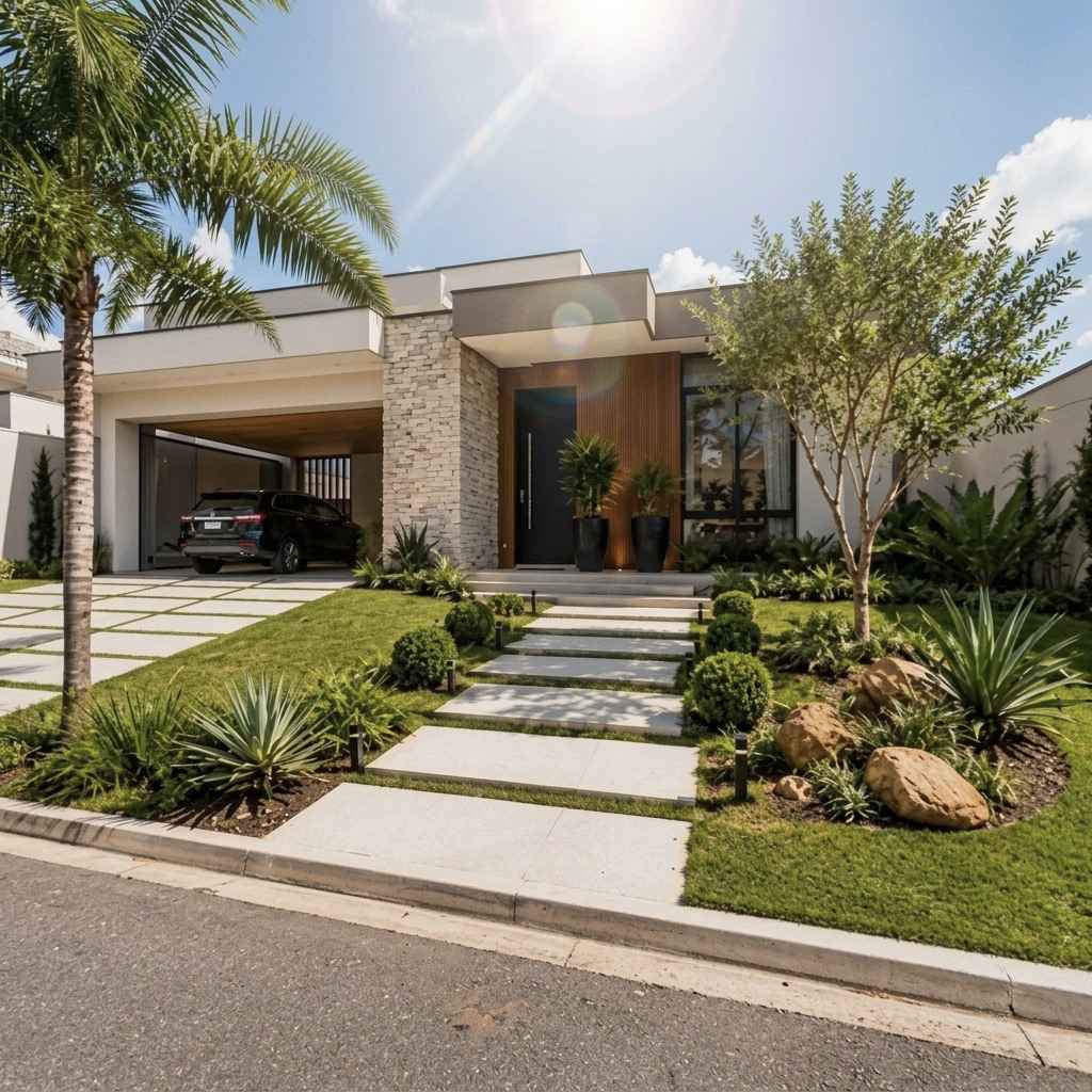 Fachada de residência moderna com paisagismo executado pela Lucas Jardinagem em Maringá